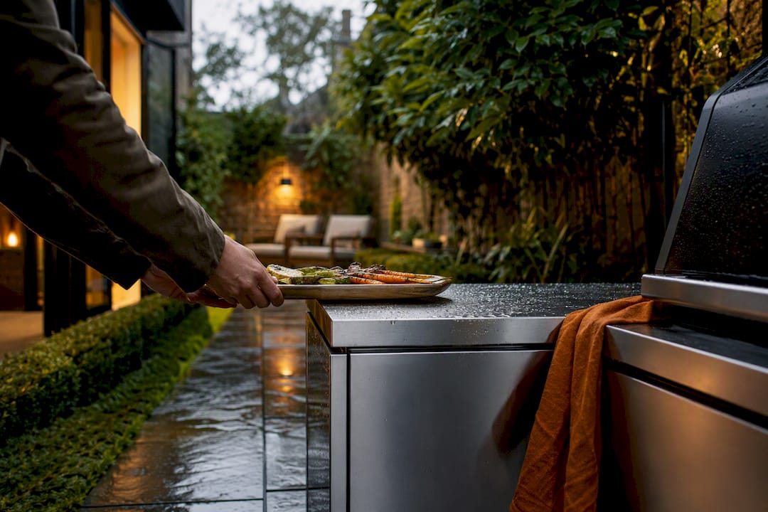 Compact outdoor kitchen in a rainy courtyard