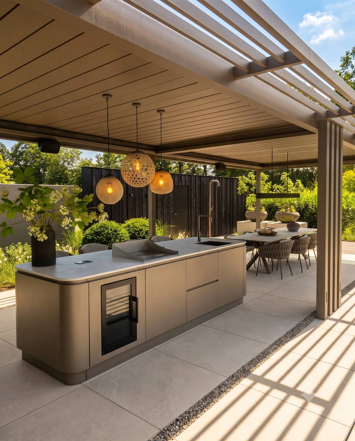 Moderne buitenkeuken met ingebouwde koelkast, wastafel en hanglampen onder een houten pergola op een terras